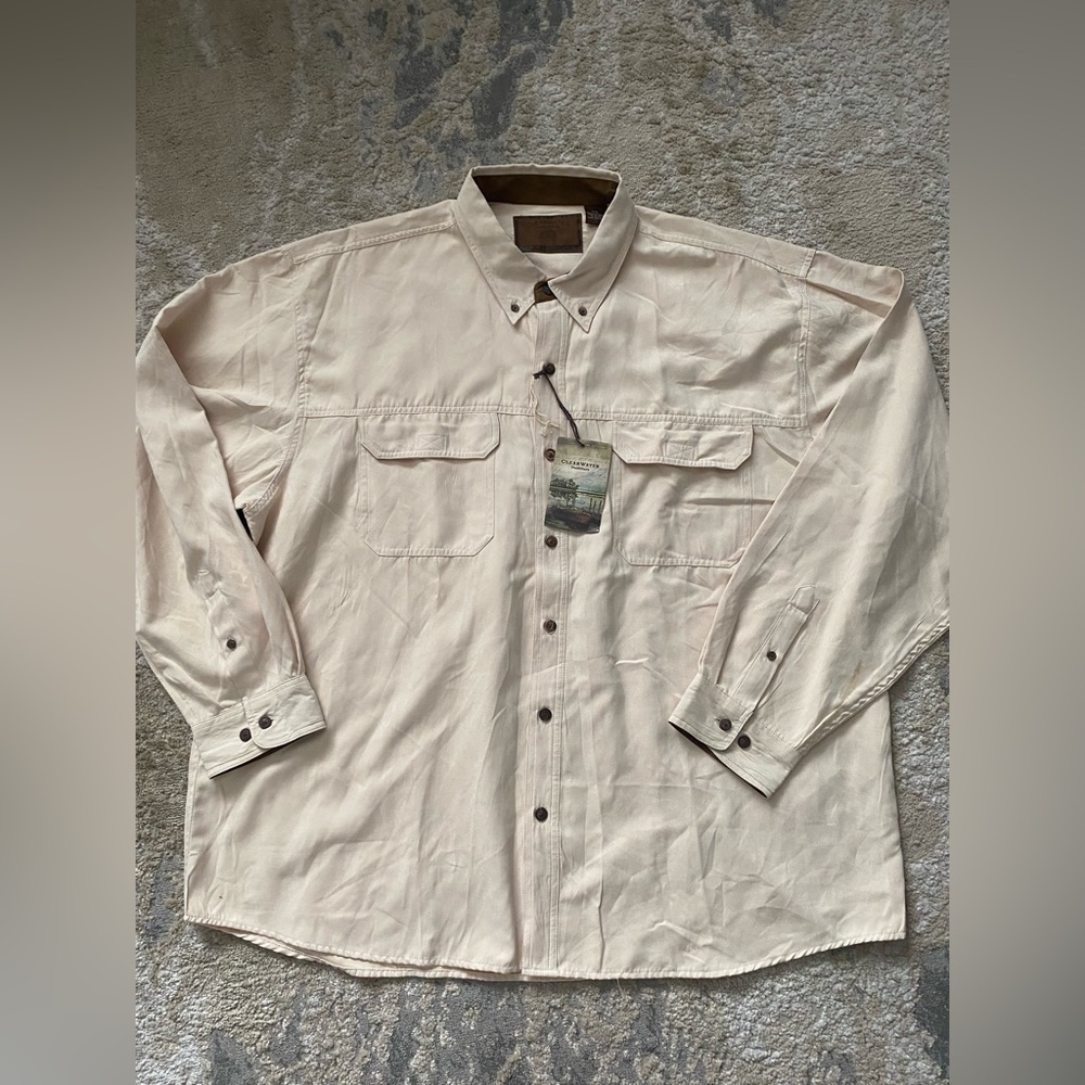 NWT Clearwater Outfitters satin cream/brown trim button-down shirt western XXL